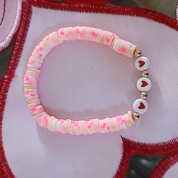Valentines Day Bracelet Set Pink Gold Pearls Clay Heishi Bracelet Heart Handmade - Picture 5 of 6